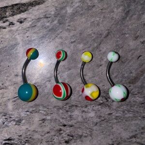 4 Belly Button Ring Set Green Red Yellow